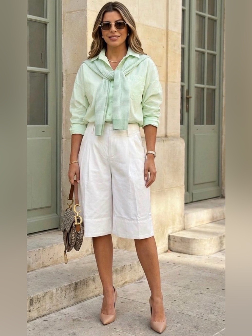 APPLE MARTINI Light Green Button-Up Blouse with Knit Detail - Women
